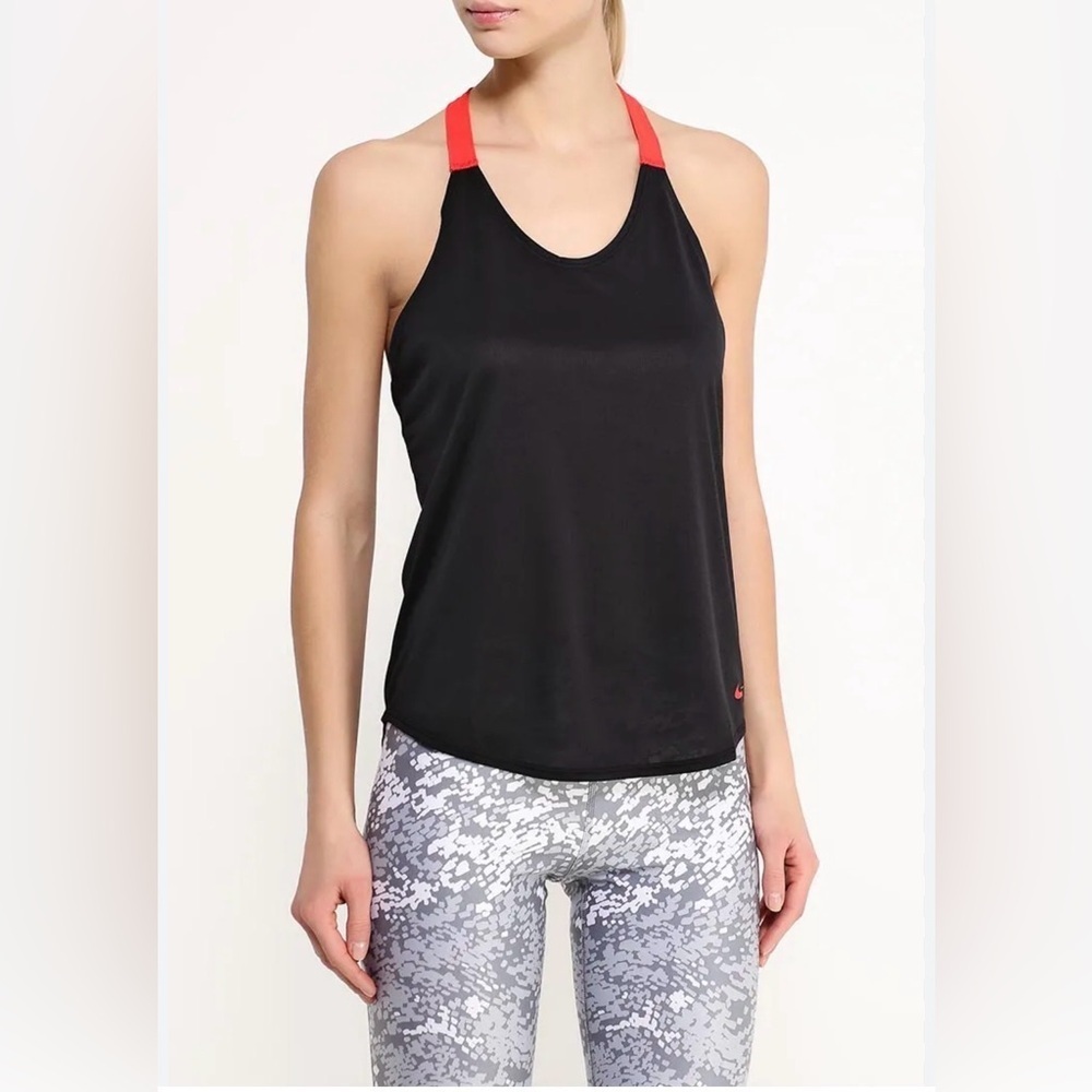 Nike workout tank top in black with red "Just Do It" graphic straps. Size small